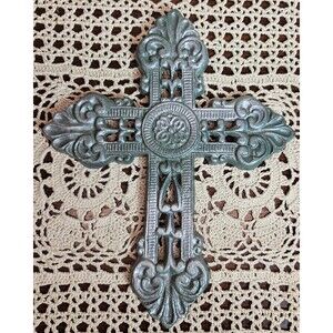 Beautiful Silver Tone Cast Iron Ornate Cross Wall Hanging 8" x 6.5"